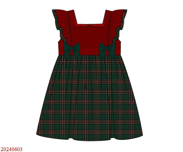 Green plaid/red velvet dress
