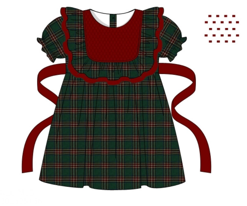 Green plaid/red velvet dress