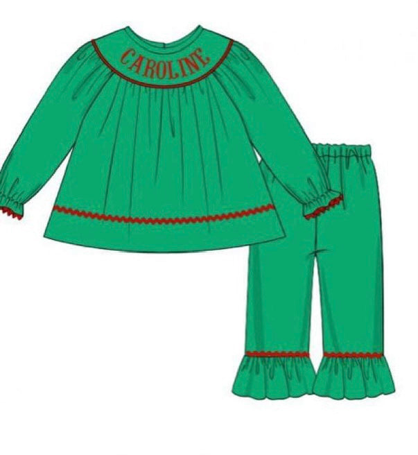 Green/red girl pant set name smock