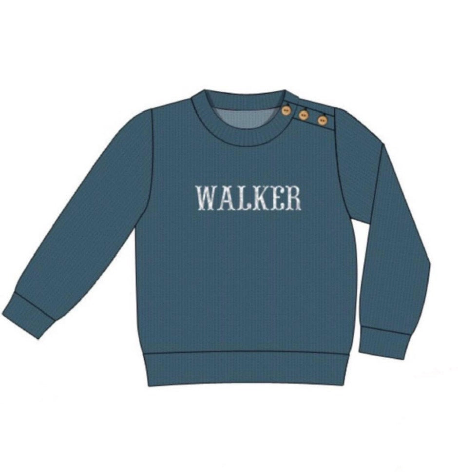 Dark blue French knot name sweaters