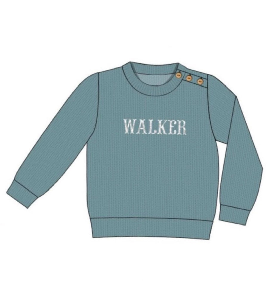 Light blue French knot name sweaters