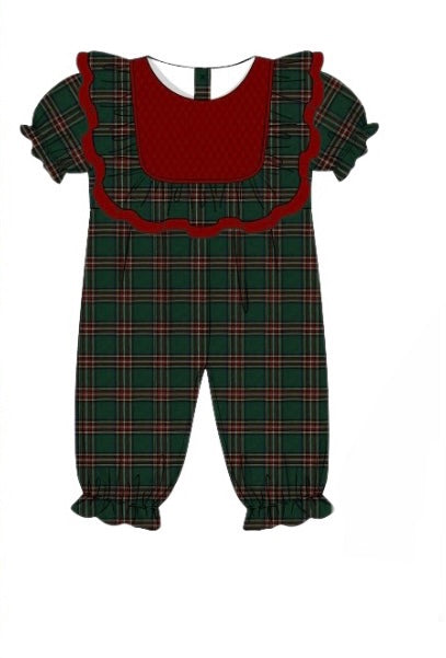 Green plaid/Red velvet girl romper
